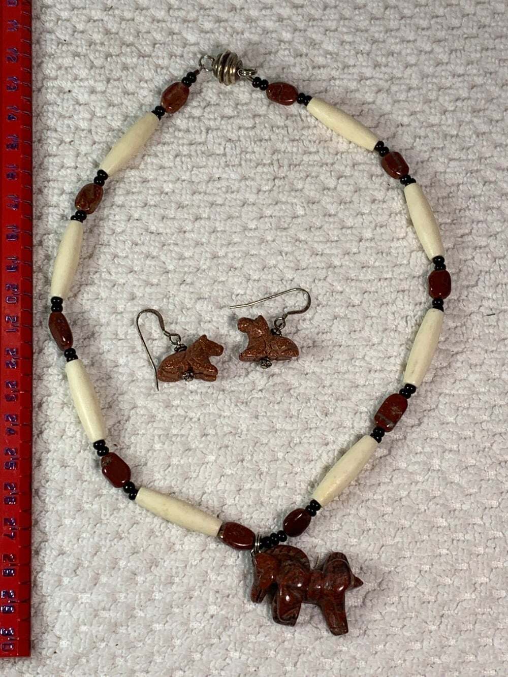 North Western Native American carved stone and buffalo horn necklace horse